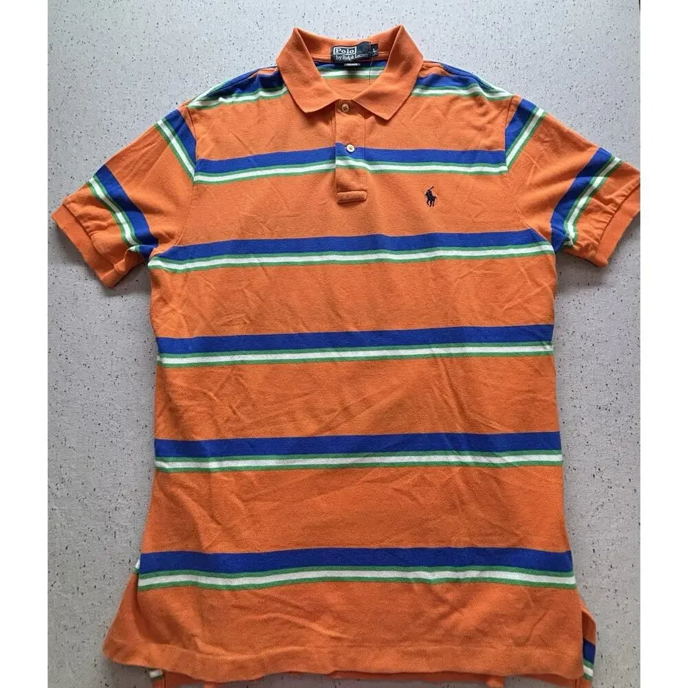 Polo Ralph Lauren Shirt Mens L Orange Blue Green Striped Pique Polo Large SS